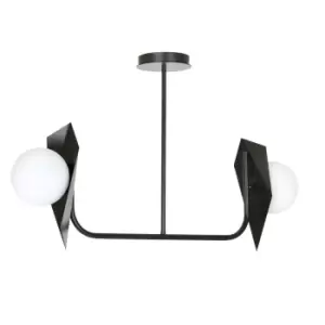 image of Thord Black DesignerSemi Flush Light with White Glass Shades, 2x E14