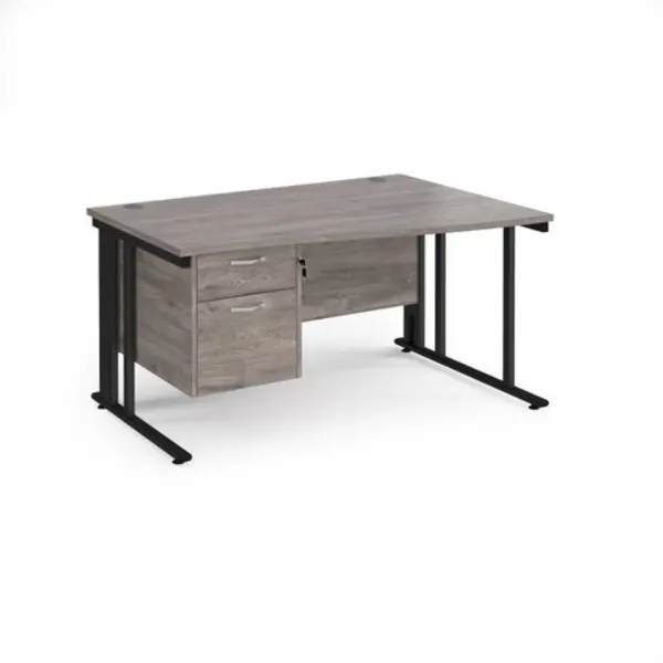 Image of Maestro 25 right hand wave desk 1400mm wide with 2 drawer pedestal - Black cable managed leg frame, grey oak top