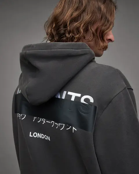 Image of AllSaints Redact Embroidered Logo Relaxed Hoodie