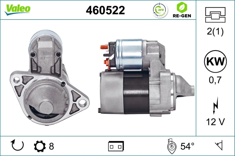 Image of VALEO 460522 Starter motor VALEO RE-GEN REMANUFACTURED 0,7kW, 12V, Number of Teeth: 8 Starter (2)