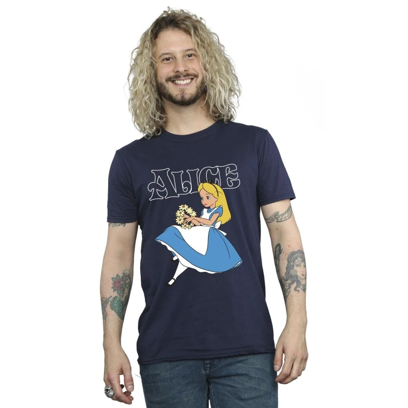 Image of Disney Men Alice In Wonderland Flowers T-Shirt in Navy Size: Small Navy S Male 5063283635272