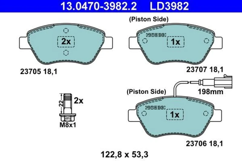 Image of ATE 13.0470-3982.2 Brake pad set incl. wear warning contact, with brake caliper screws Brake Pad Set,disc brake (402)