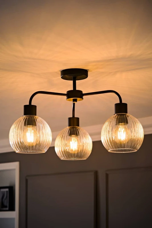 Image of ValueLights Maddison Clear Ribbed Glass Globe 3 Arm Ceiling Light & Filament Bulbs in Black Unisex