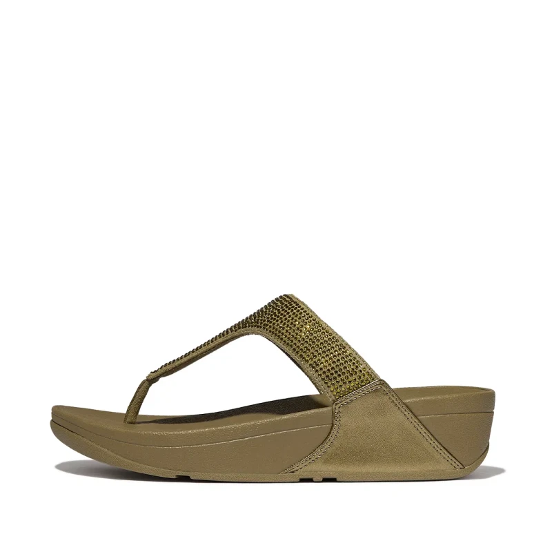 Image of FitFlop Lulu Crystal Embellished Synthetic Womens Toe Post Sandals - Metallic Camo Green - Size:UK 5