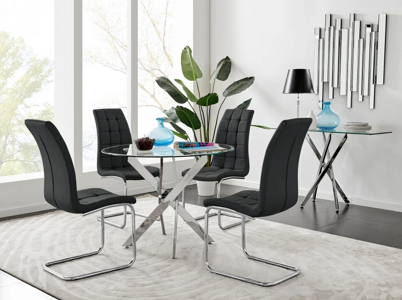 Image of FurnitureboxUK FurnitureboxUK Novara Chrome Metal 100cm Round Glass Dining Table And 4 Murano Dining Chairs in Black One Size Unisex 50565426405