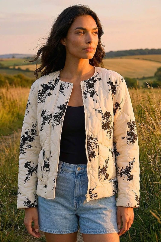 Image of Roman Womens Floral Flock Quilted Jacket in Cream Size: 20 Cream Female 20