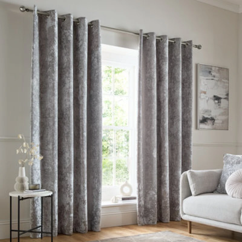 Image of Catherine Lansfield Crushed Velvet 46X72 Inch Lined Eyelet Curtains Two Panels Silver Grey