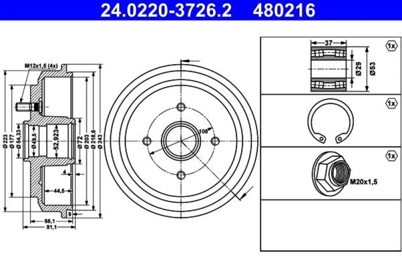 Image of ATE 24.0220-3726.2 Brake Drum 243,0mm, without ABS sensor ring Brake Drum (123)