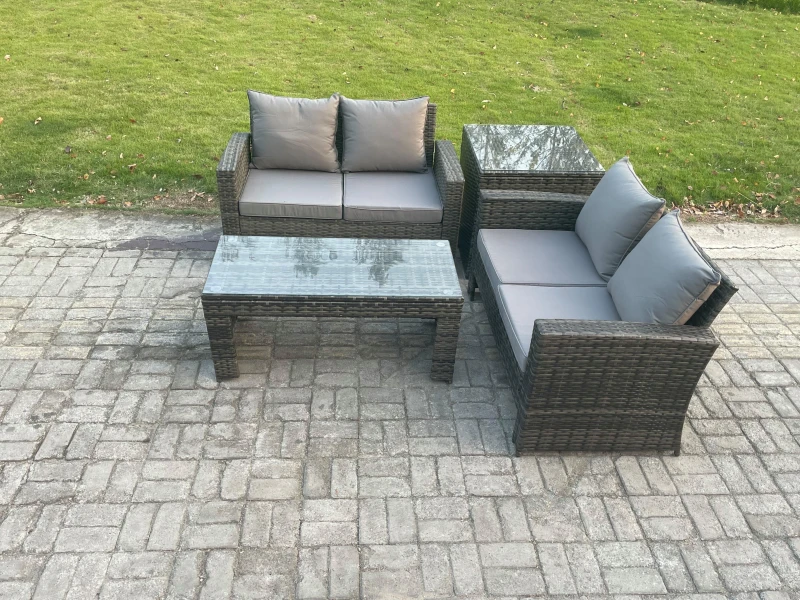 Image of Fimous 4 Pieces Garden Furniture Sets Poly Rattan Outdoor Patio Furniture PE Wicker Furniture Set with Loveseat & Table in Dark Grey Dark Grey Unisex