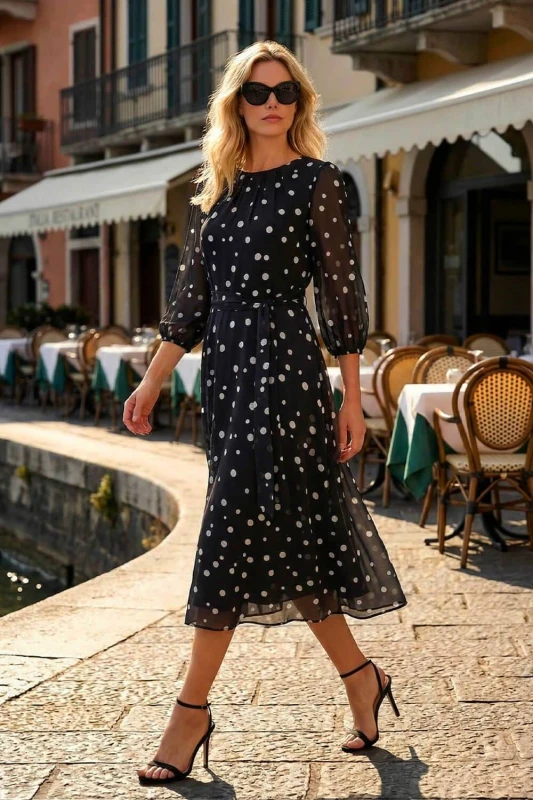 Image of Roman Womens Polka Dot Pleat Neck Midi Dress in Black Size: 12 Black Female 12
