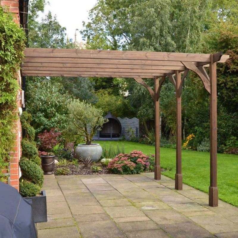 Image of Rutland County Garden Furniture Ltd Wall Mounted Premium Pergola 3 Post, L420 x W420 cm, Rustic Brown Brown Unisex