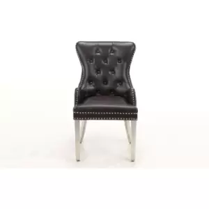 Image of MODERNIQUE 2 x Rebecca Leather Aire Dining Side Chairs Button Tufted in Brown with Chrome Nail heads, Legs and Chrome Knocker on the back, Modern