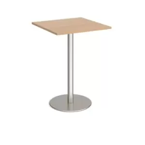 image of Monza square poseur table with flat round brushed steel base 800mm - beech