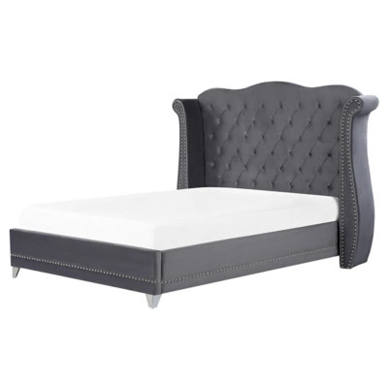 Image of Beliani Bed Velvet Ayette 160 X 200 Cm (Eu King Size) Grey