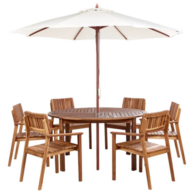 Image of Beliani Garden Dining Set 6 Seater Agello With Parasol (12 Options) Acacia Wood Brown