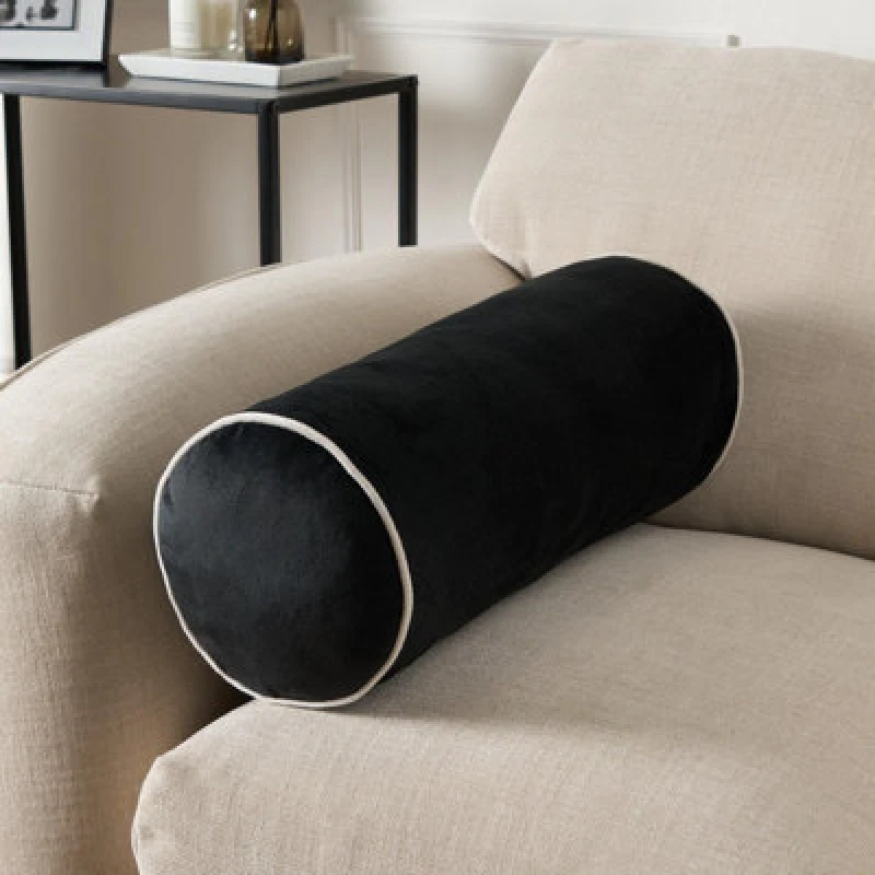 Image of OHS OHS Bolster Cushion Matte Velvet Filled Bedroom Sofa Plump Decorative Scatter Pillow in Black One Size Unisex 5027434202317