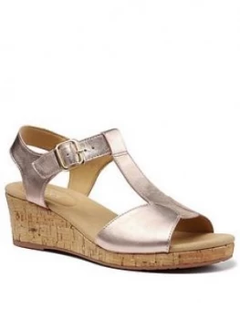 image of Hotter Martinique Wide Fit Wedge Heeled T-Bar Sandals - Rose Gold