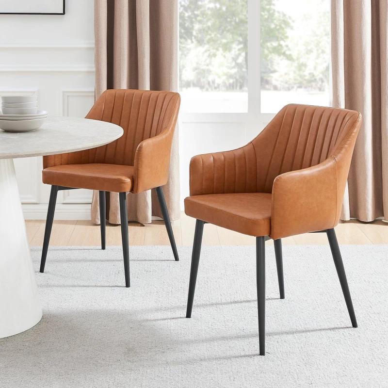 Image of FurnitureboxUK FurnitureboxUK Set of 2 Calla Tan Faux Leather Dining Chairs With Black Metal Blacks Tan One Size Unisex 5056657188535