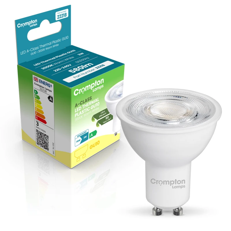 Image of Crompton LED Ultra-Efficient GU10 Spotlight Light Bulb 3W Warm 3000K Halogen Replacement A-Rated in