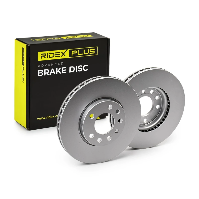 Image of RIDEX PLUS 82B0219P Brake disc Front Axle, Vented, Grey Cast Iron, Coated, High-carbon, with bolts/screws Grey Cast Iron Brake Disc (82)