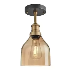 image of Industville Brooklyn Tinted Glass Cone Amber Flush Mount Light / 6" Pewter Holder