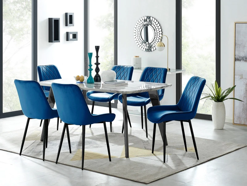 Image of FurnitureboxUK FurnitureboxUK Andria White Marble Effect & Black Leg 6 Seater Dining Table and 6 Pesaro Soft Velvet Chairs in Navy Navy One Size Unise