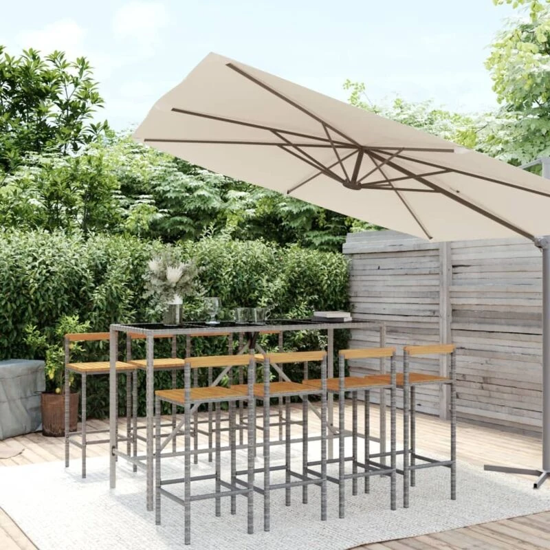 Image of VIDAXL 9 Piece Garden Bar Set Grey Poly Rattan& Solid Wood Acacia Vidaxl 8720845880781