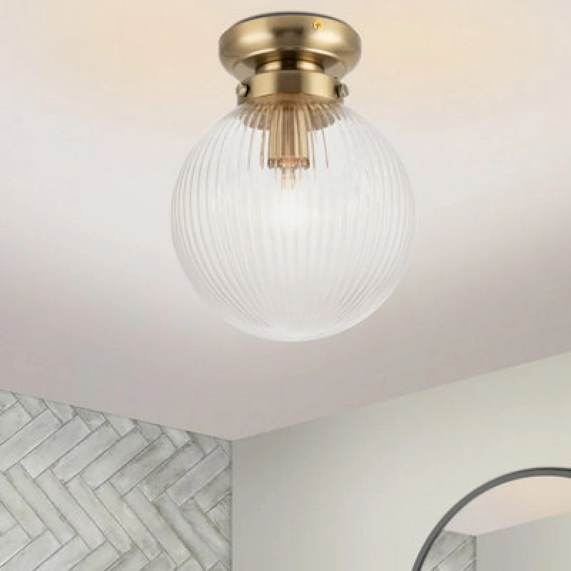 Image of Cosylyte Finley Bathroom Classic Ribbed Glass Ceiling Light - Antique Brass Base