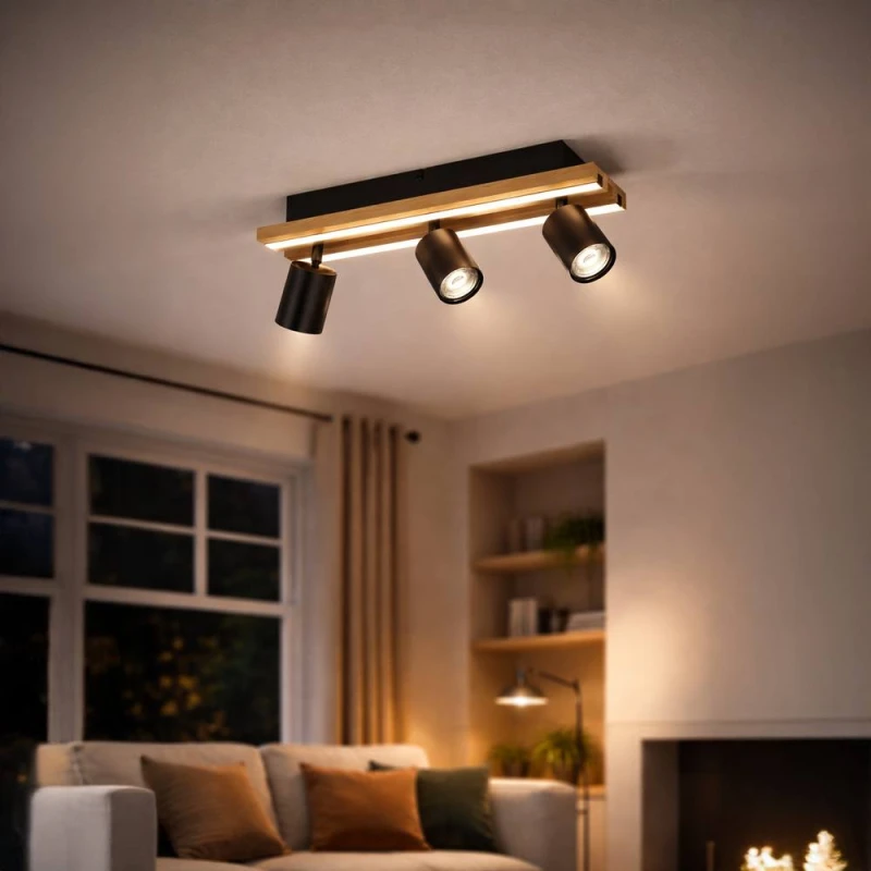 Image of Eglo Gesteira Steel & Wood LED Warm White Modern 3-Light Spotlight in Black Unisex