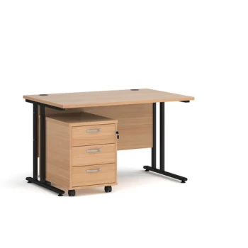 Image of Office Desk Rectangular Desk 1200mm With Pedestal Beech Top With Black Frame 800mm Depth Maestro 25 SBK312B