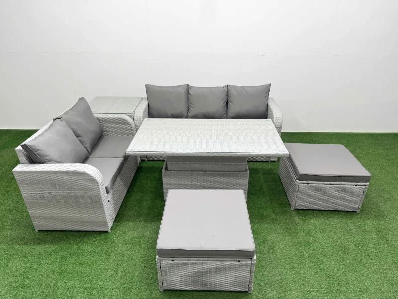 Image of Fimous 7 Seater PE Rattan Wicker Garden Furniture Patio Conservatory Sofa Set with Adjustable Lifting Dining Table 2 Big Footstool Side Table