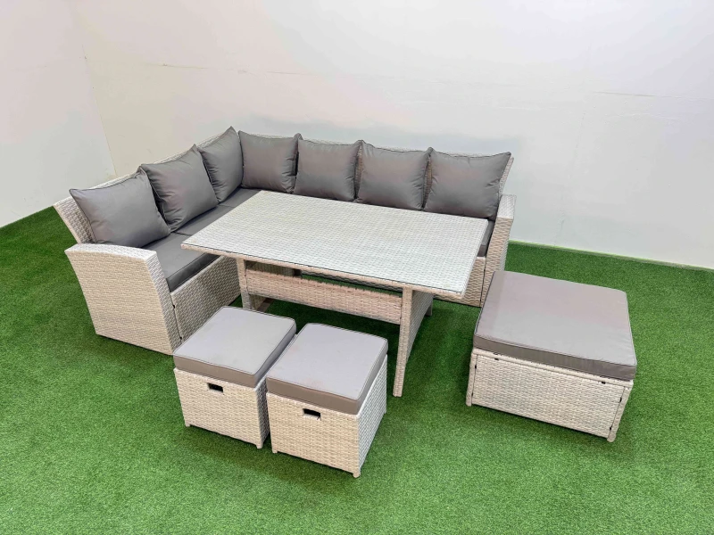Image of Fimous 9 Seater Rattan Garden Furniture Set with Dining Table 3 Footstools in Light Grey Light Grey Unisex