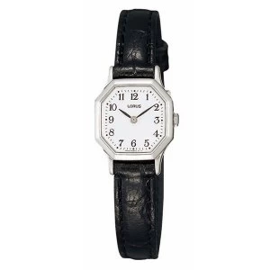 Lorus RPG39BX8 Ladies Black Leather Strap Dress Watch with Hexagonal Silver Case