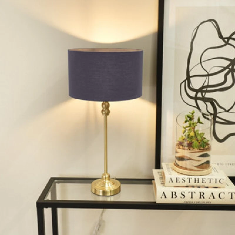 Image of ValueLights ValueLights Maggie Gold Metal Candlestick Table Lamp with Fabric Drum Shade and LED Bulb in Navy Navy One Size Unisex 5059406051609