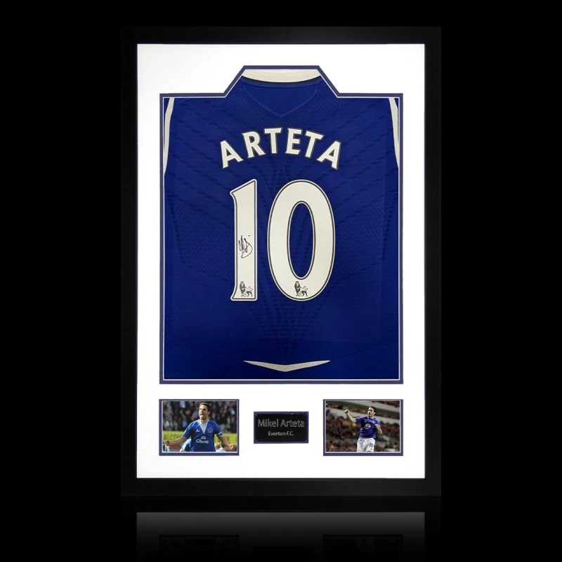 Image of The Fan Cave Mikel Arteta Signed Everton Shirt Premium Frame Blue unisex 850x600mm