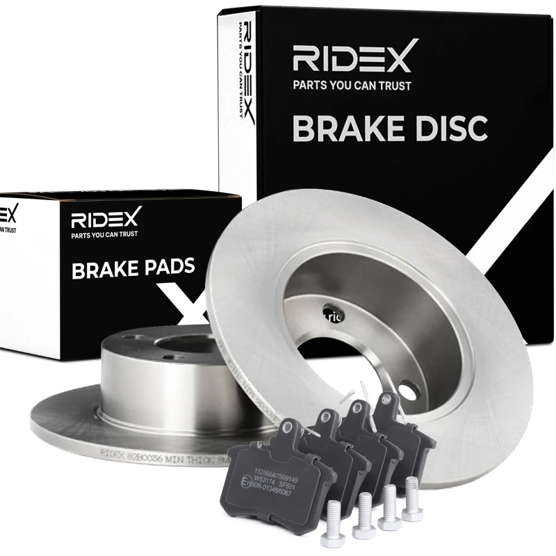 Image of RIDEX 3405B0338 Brake disc and pads set Rear Axle, Brake Disc Type: Solid, excl. wear warning contact, with brake caliper screws Brake Set,disc brake