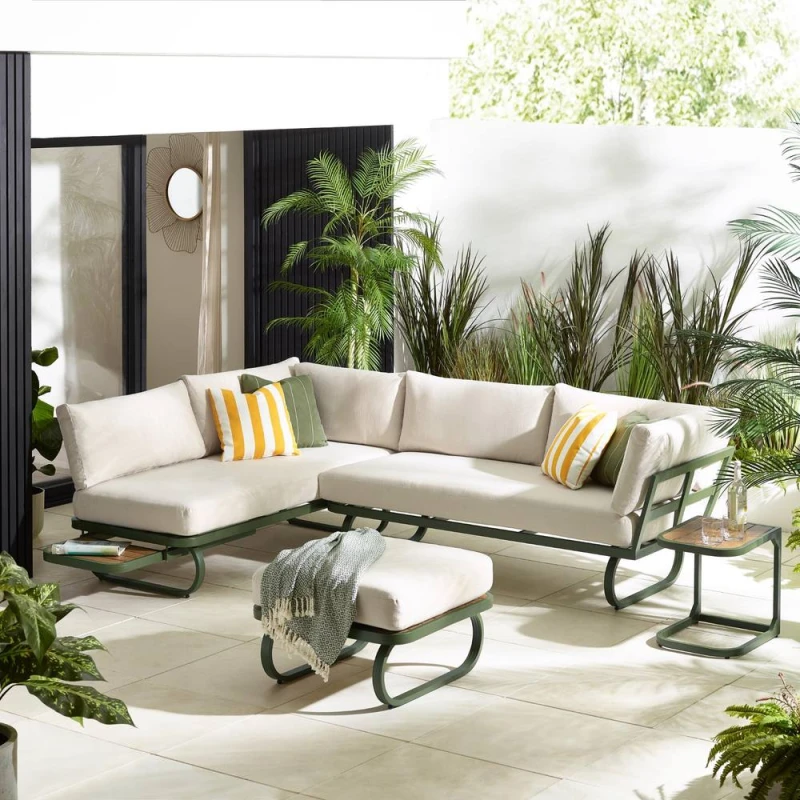Image of FurnitureboxUK Capri Green Metal & Cream Garden Corner Sofa Set Green Unisex