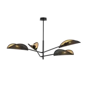 Image of Emibig Vene Black Multi Arm Semi Flush Ceiling light with Black, Gold Fabric Shades, 4x E14