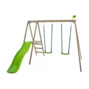 image of Tp Toys Multi Double Wooden Swing Set & Slide Brown Green