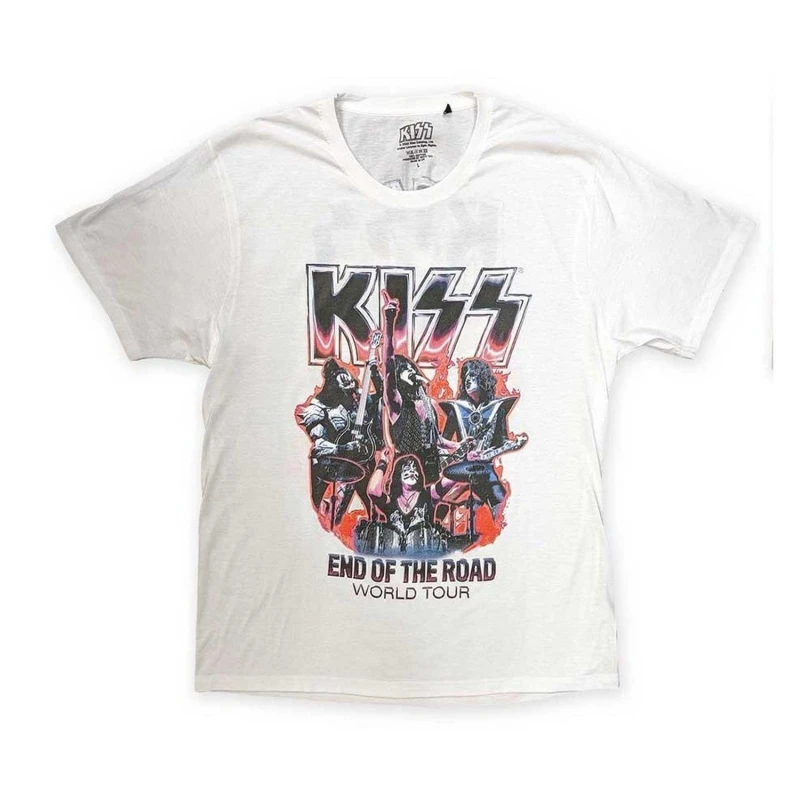 Image of KISS Mens End Of The Road Band Playing T-Shirt in White Size: Large White Male L