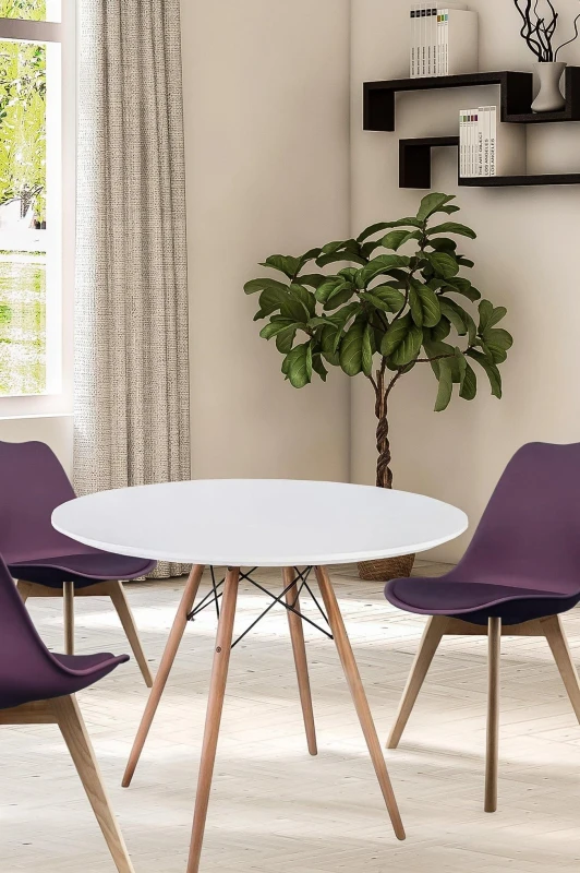 Image of Fusion Living Soho Medium White Circular Dining Table with Beech Wood Legs White
