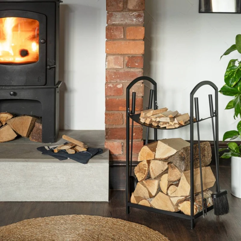 Image of Ivyline Curved Log Holder With Companion Set- L30 X W39 X H71cm - Black