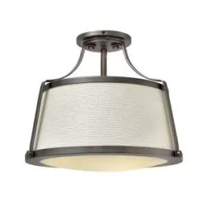 Image of 3 Bulb Semi Flush Light Off White Fabric Shade Antique Nickel LED E27 75W