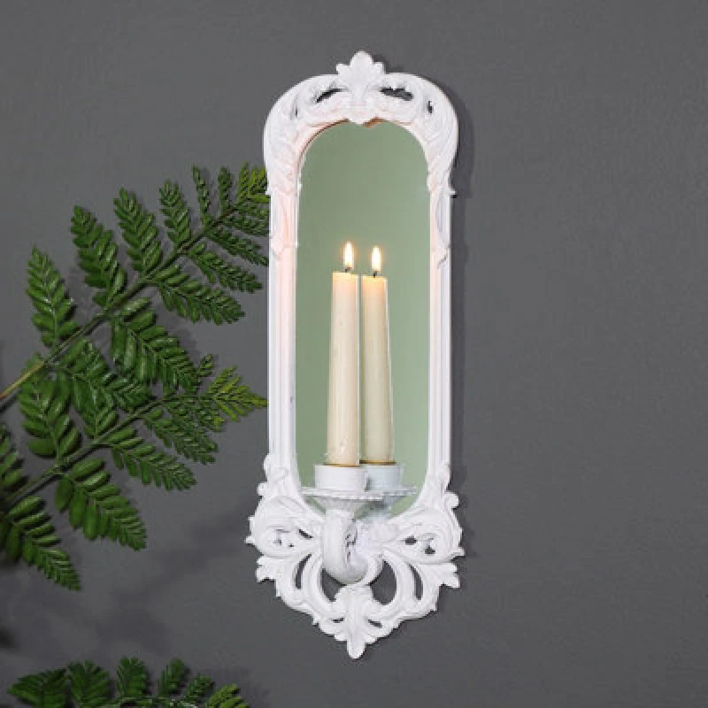 Image of Melody Maison Ornate White Wall Mirror Candle Holder Sconce White