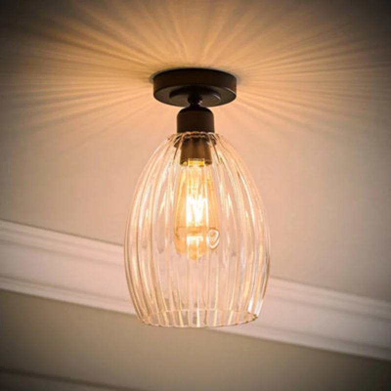 Image of ValueLights ValueLights Cheltenham Clear Ribbed Glass Dome Flush Ceiling Light with LED Bulb in Black One Size Unisex 5059406071201