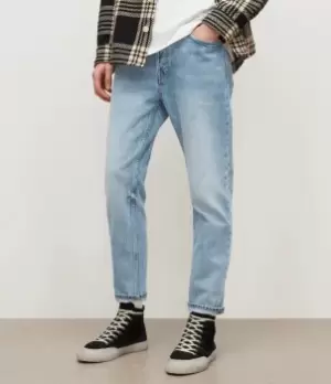 Image of AllSaints Mens Jack Cropped Tapered Jeans, Light Indigo, Size: 34
