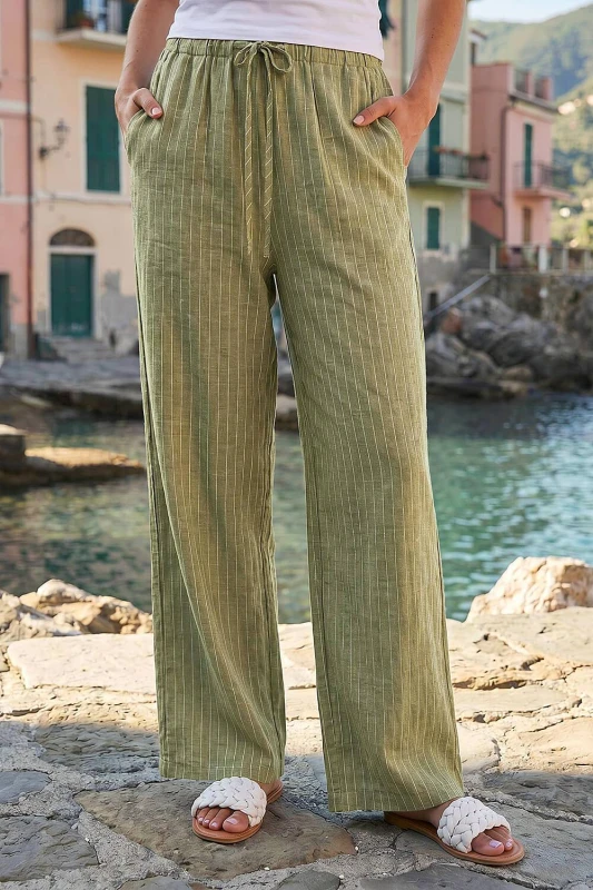 Image of Roman Womens Stripe Tie Waist Pocket Trouser in Khaki Size: 18 Khaki Female 18