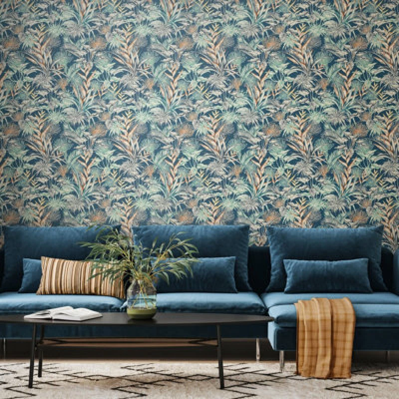 Image of Hoopla Walls Tropical Canopy - Teal & Navy 10M Wallpaper