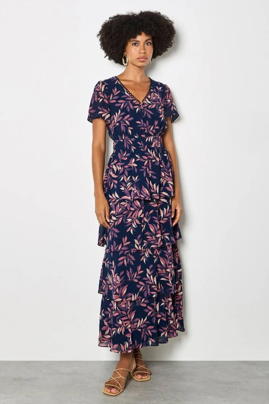 Image of Apricot Womens Watercolour Leaves Chiffon Tiered Maxi Dress in Navy Size: 8 Navy Female 8