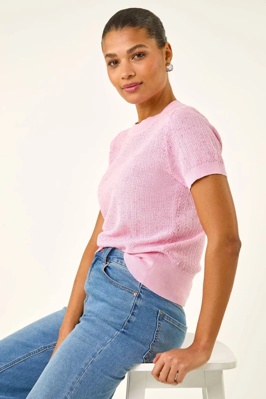 Image of Roman Womens Sequin Knitted Top in Pink Size: Large Pink Female L